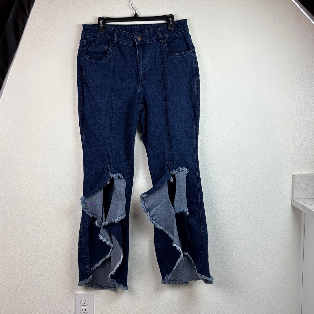 VENUS stretch dark blue high ruffle slit leg 5 pocket flared fitted denim Jeans - Picture 6 of 12